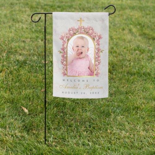 Baptism Photo Girl Pink Orchids Gold Arch Welcome  Garden Flag