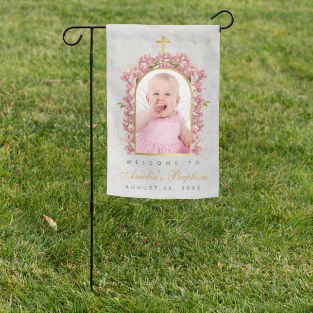 Baptism Photo Girl Pink Orchids Gold Arch Welcome  Garden Flag (In SItu)