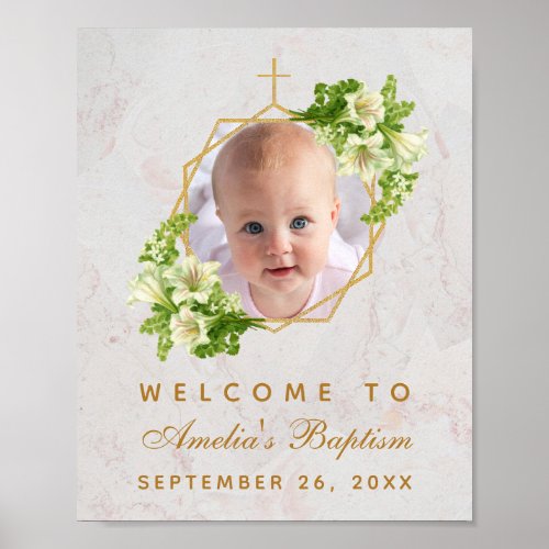Baptism Photo Girl White Lilies Gold Welcome Sign