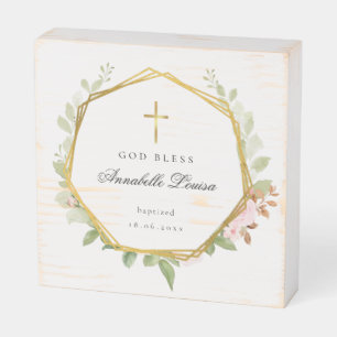 Baptism Photo Gold Cross Wooden Box Sign
