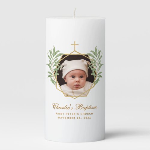 Baptism Photo Gold Greenery Botanical Geometric Pillar Candle