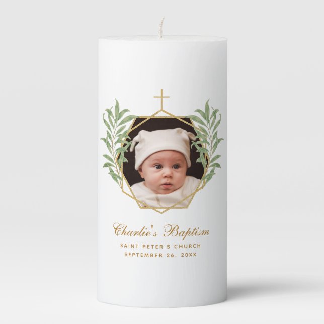Baptism Photo Gold Greenery Botanical Geometric Pillar Candle (Front)