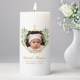 Baptism Photo Gold Greenery Botanical Geometric Pillar Candle
