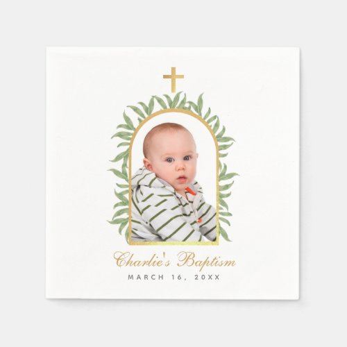Baptism Photo Greenery Arch Faux Gold Foil Cross Napkins