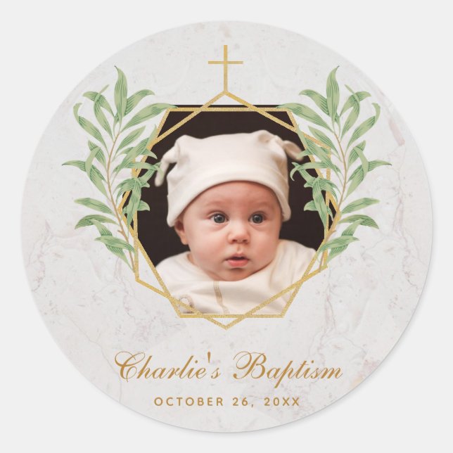 Baptism Photo Greenery Botanical Geometric Marble  Classic Round Sticker (Front)