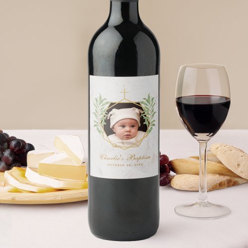 Baptism Photo Greenery Botanical Geometric Marble Wine Label