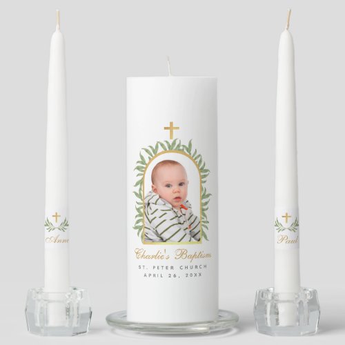 Baptism Photo Greenery Faux Gold Arch Green Leaves Unity Candle Set
