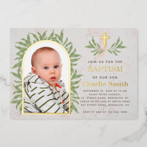 Baptism Photo Greenery Gold Arch Green Leaves Foil Invitation