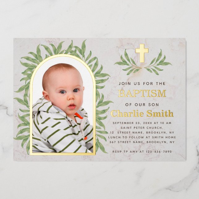 Baptism Photo Greenery Gold Arch Green Leaves Foil Invitation (Front)