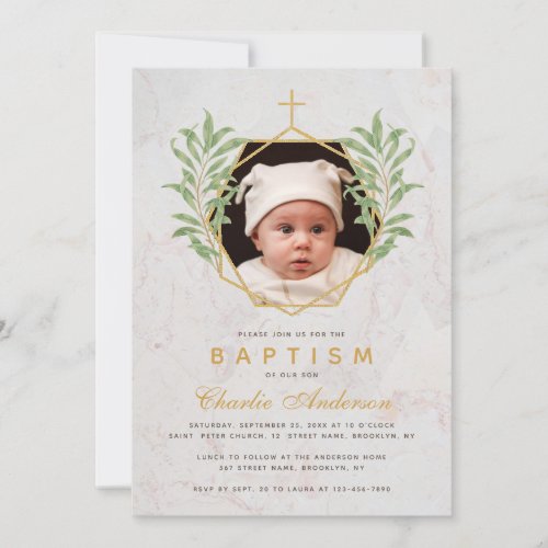 Baptism Photo Greenery Gold Script Marble Foliage  Invitation