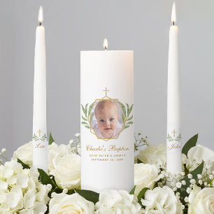 Baptism Photo Greenery Leaves Gold Cross           Unity Candle Set