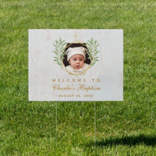 Baptism Photo Greenery Marble Botanical Geometric Sign