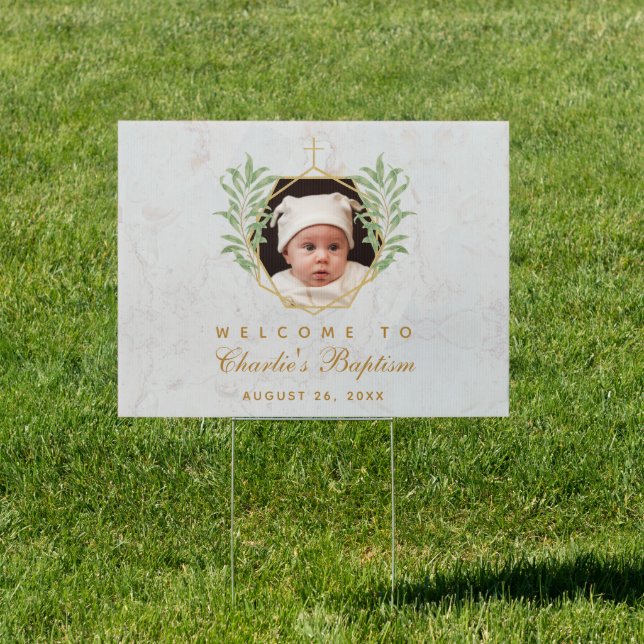 Baptism Photo Greenery Marble Botanical Geometric Sign (Insitu)