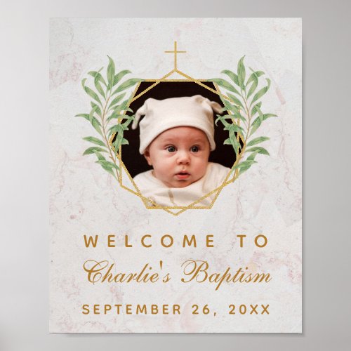 Baptism Photo Greenery Marble Gold Welcome Sign
