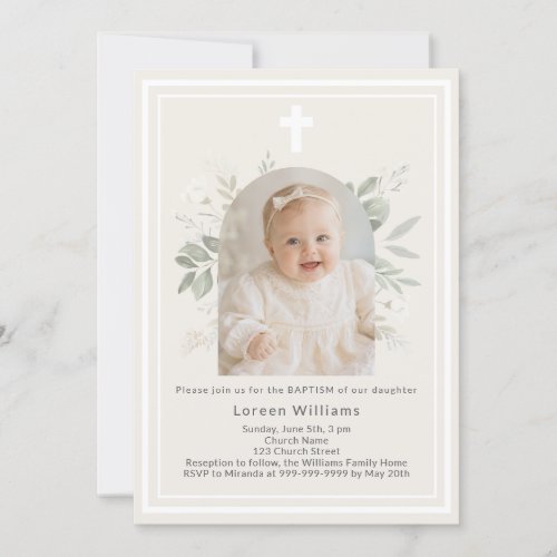 Baptism Photo ivory beige florals arch girl Invitation