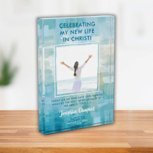 Baptism Photo Keepsake Gift Christian Modern Blue Block