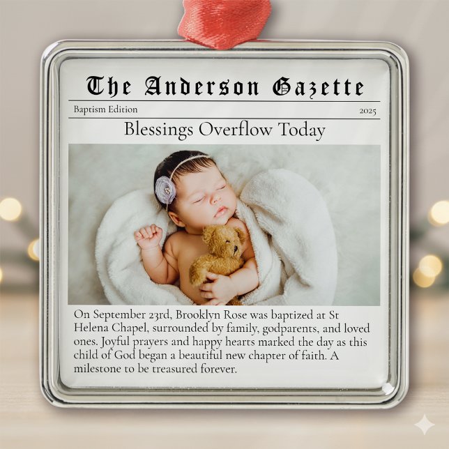 Baptism Photo Keepsake Newspaper Metal Ornament (Creator Uploaded)