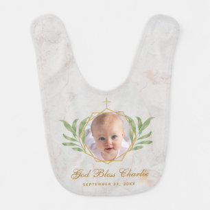 Baptism Photo Leaves Botanical Geometric Foliage Baby Bib