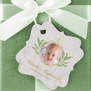 Baptism Photo Leaves Botanical Geometric Foliage  Favor Tags