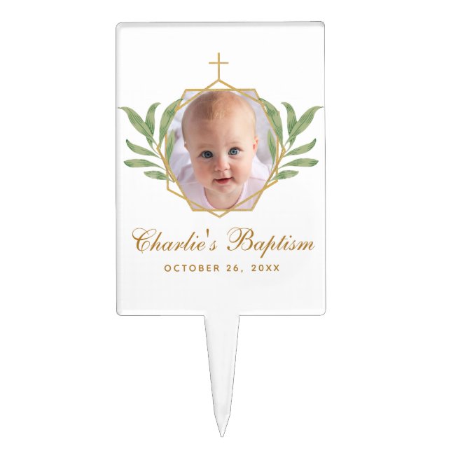 Baptism Photo Leaves Foliage Botanical Geometric  Cake Topper (Front)