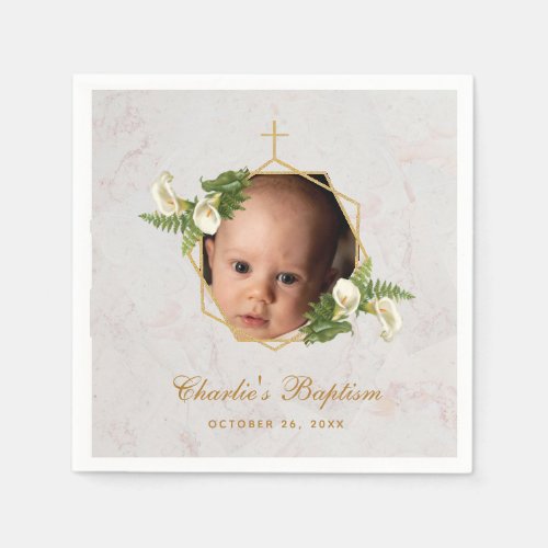Baptism Photo Marble Floral Calla Lilies Gold  Napkins