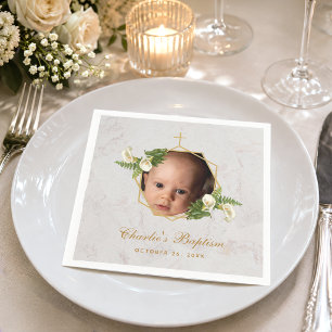 Baptism Photo Marble Floral Calla Lilies Gold Napkins