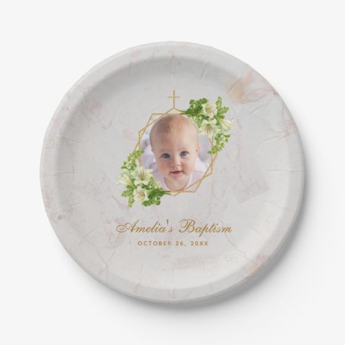 Baptism Photo Marble Floral Geometric White Lilies Paper Plates