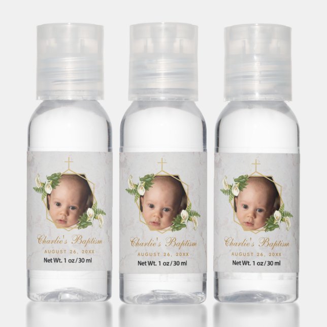 Baptism Photo Marble Gold Calla Lilies Calligraphy Hand Sanitizer (Set)