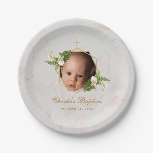 Baptism Photo Marble Gold Calla Lilies Floral  Paper Plates