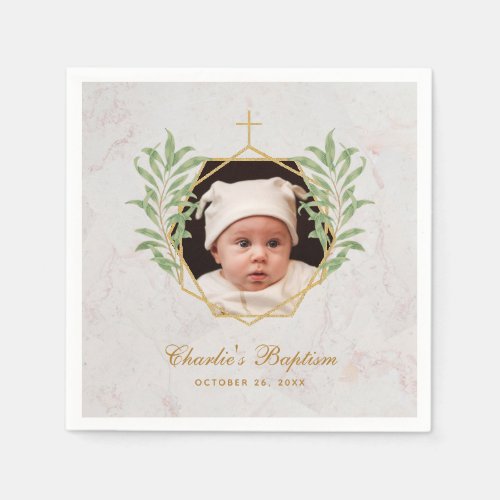 Baptism Photo Marble Greenery Botanical Geometric  Napkins