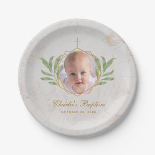 Baptism Photo Marble Leaves Botanical Geometric Paper Plates