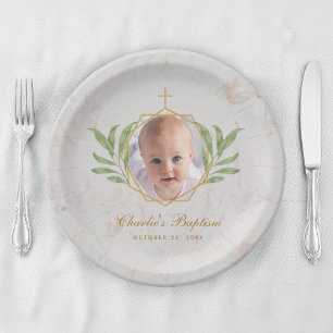 Baptism Photo Marble Leaves Botanical Geometric Paper Plates