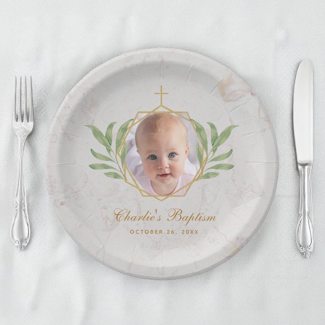 Baptism Photo Marble Leaves Botanical Geometric Paper Plates (Creator Uploaded)