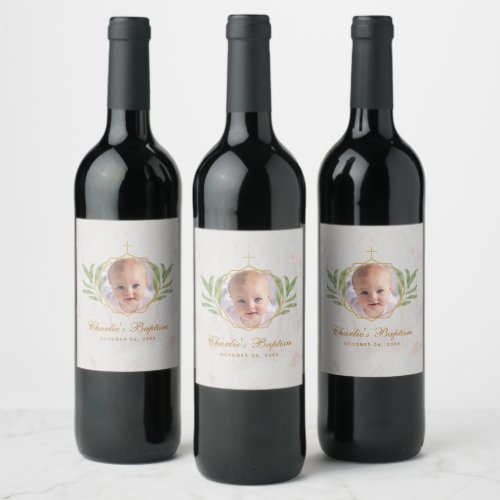 Baptism Photo Marble Leaves Botanical Geometric  Wine Label