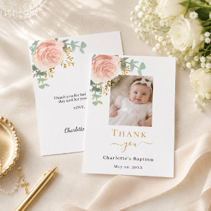 Baptism photo pink floral girl thank you card