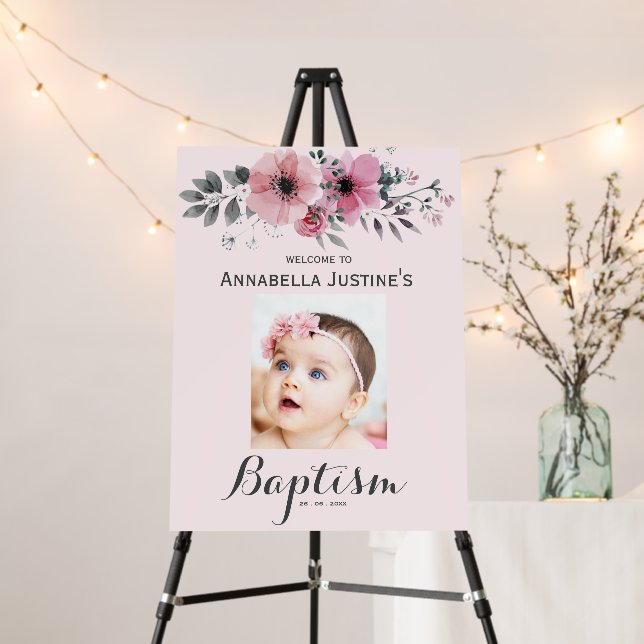 BAPTISM Photo Pink Floral Welcome Sign (In Situ (Stand))