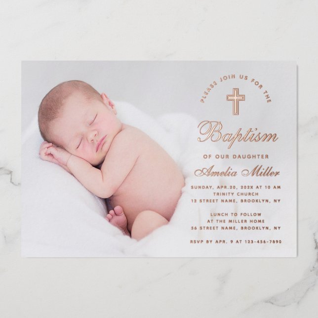 Baptism Photo Simple Calligraphy Rose Gold Script  Foil Invitation (Front)