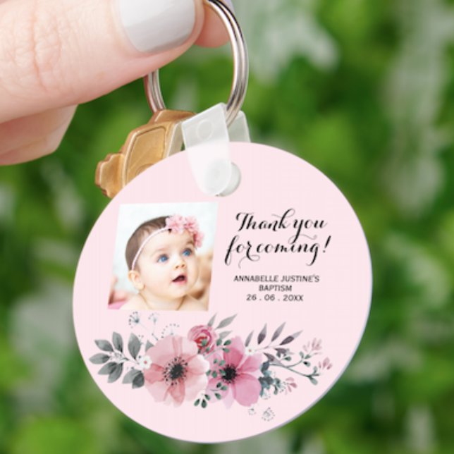 Baptism Photo THANK YOU FOR COMING! Elegant Floral Keychain (Creator Uploaded)