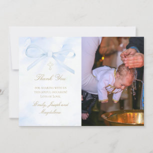 Baptism photo watercolor blue bow thank you card