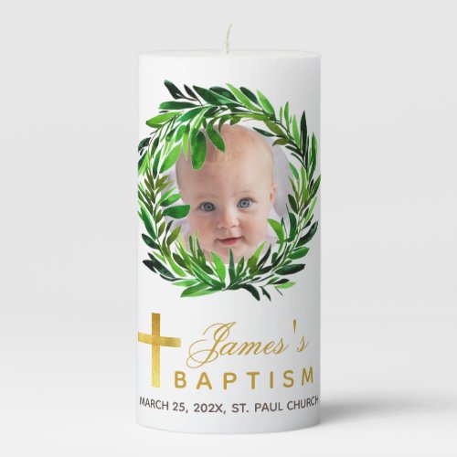 Baptism Photo Watercolor Greenery Wreath Botanical Pillar Candle