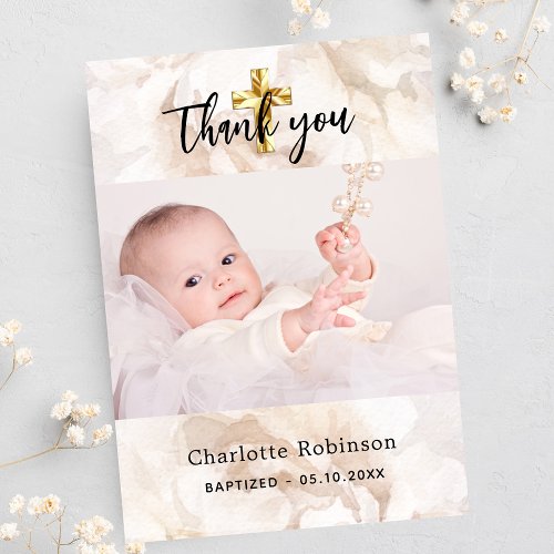 Baptism photo white floral baby boy girl thank you card