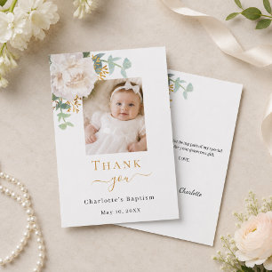 Baptism photo white floral girl thank you card