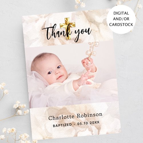 Baptism photo white floral thank you card