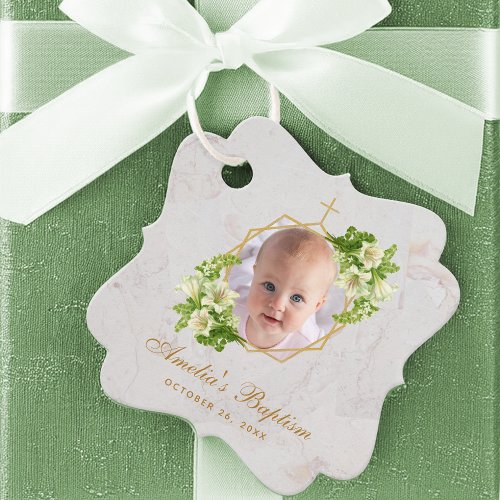 Baptism Photo White Lilies Floral Geometric Marble Favor Tags