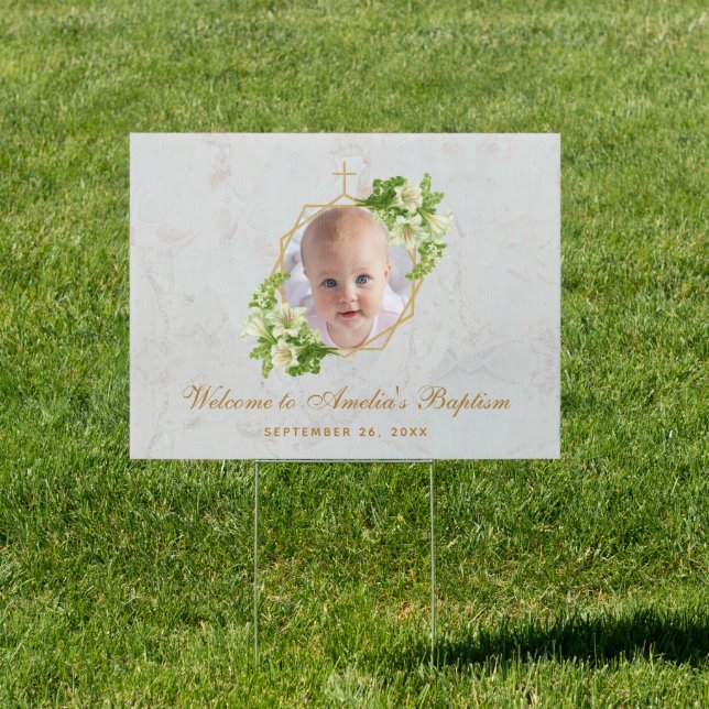 Baptism Photo White Lilies Marble Floral Geometric Sign (Insitu)