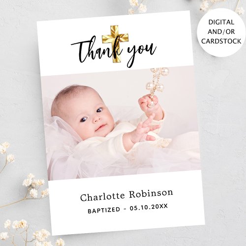 Baptism photo white simple script thank you card
