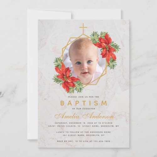 Baptism Photo Winter Poinsettia Marble Gold Floral Invitation