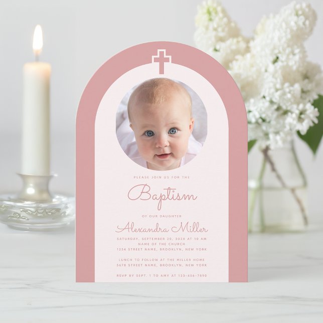 Baptism Pink Arch Girl Photo Dusty Rose Script Invitation (Creator Uploaded)