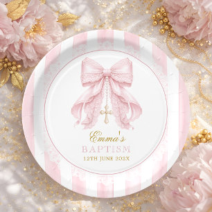 Baptism Pink Bow Baby Girl Paper Plates