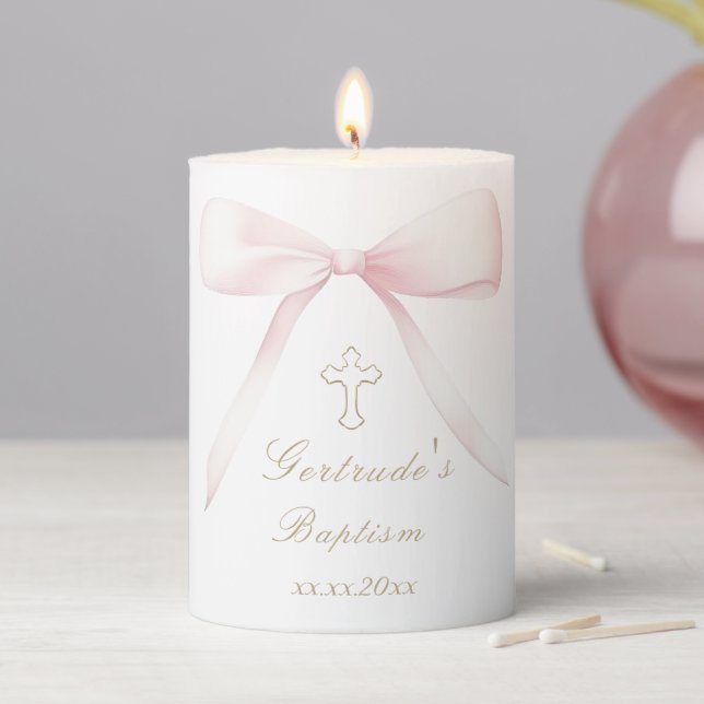 Baptism pink bow baby girl  pillar candle (In Situ)